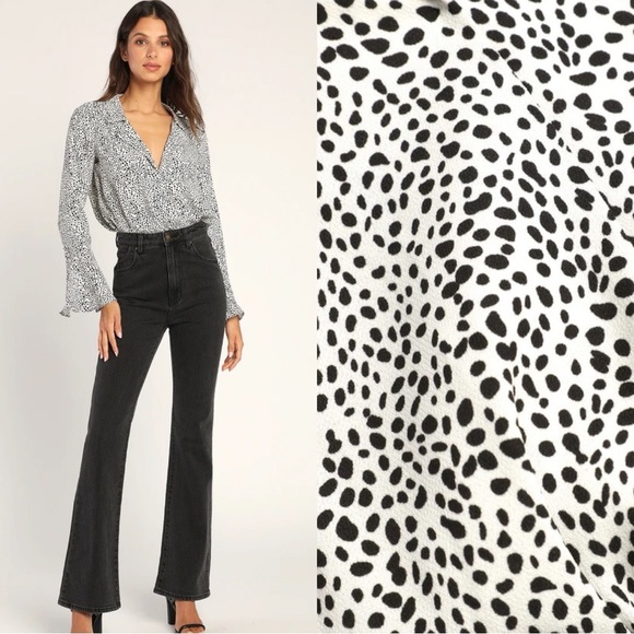 Lulus Tops - Lulus Always Lovely Ivory And Black Print Long Sleeve Bodysuit Size Small